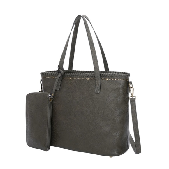 Boho Carrie Black Shoulder bag with studs Women's Tote Bag with Pouch - Picture 6 of 7